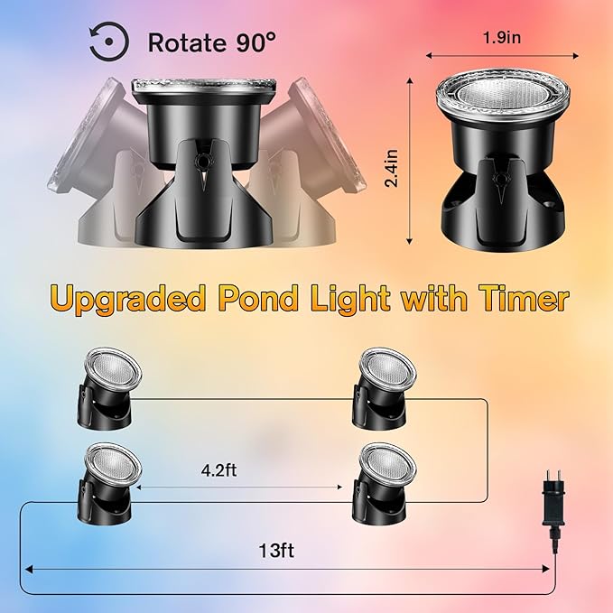 POPOSOAP LED Pond Lights 6-Head, IP68 Waterproof Underwater Lights with 8H Timer Function, 90° Rotatable Design & Gravity Base Fountain Lights for Pond, Fountain, Waterfall, Aquarium, Pool-P64HZ