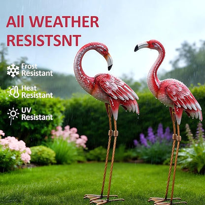 Natelf Pink Flamingo Yard Decorations, Metal Garden Statues and Sculptures, Standing Bird Lawn Ornaments for Patio Backyard Pond Decorations Set of 2