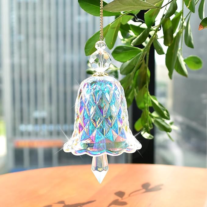 Crystal Bell Suncatcher, Iridescent Rainbow Glass, Hanging Window Decoration (AB, 4"(10cm))