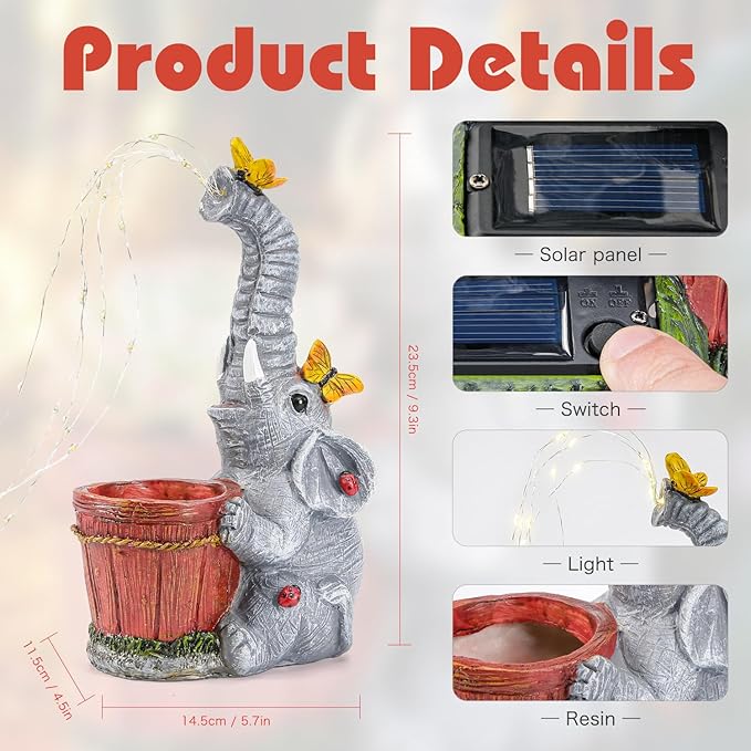 HUYIENO Solar Elephant Statue Garden Light Cute Resin Outdoor Decor with Watering Can Fairy Lights Waterproof Yard Patio Lawn Decoration Unique Gift for Elephant Lovers
