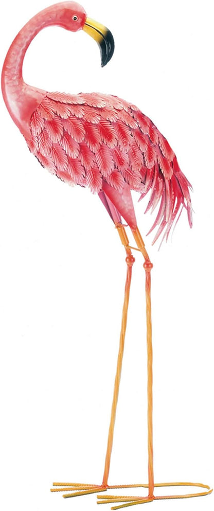 Zingz & Thingz Durable Iron Outdoor Garden Décor Bright Pink Standing Flamingo Statue, 14.25x7.75x33, Looking Back