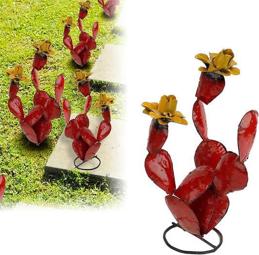 Metal Cactus Outdoor Decor - Iron Cactu Yard Art - Metal Plants Statue for Outdoors - Fake Cactus Rustic Artificial Cactus Sculpture for Garden Lawn Patio Balcony Backyard Decor 11.8" (Red)
