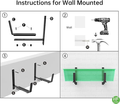 HFHOME 4 PCS Adjustable Planter Box Brackets (6 to 12.5 in), Universal Window Box Brackets, Heavy Duty Metal Flower Box Wall Mounting Hooks for Balcony, Fences, Patio, and Garden - Black