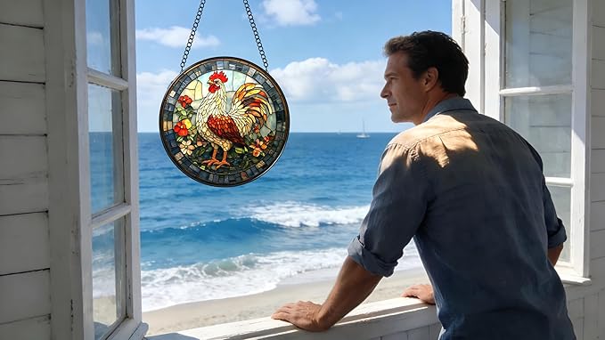 Stained Glass Window Hanging - The Golden Rooster Stared Ahead 6.3 Inches Suncatcher for Garden Home Decor for Women Mon Grandma Friends