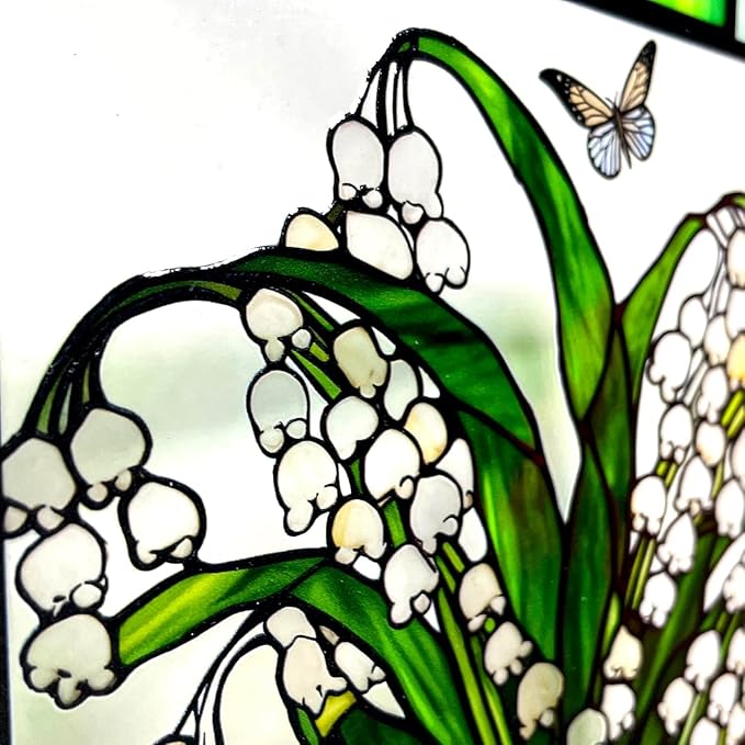 8'' Lily of The Valley and Butterflies Stained Glass Panel Suncatcher Window Hanging – Square Decorative Art for Home, Office, and Garden – Handcrafted Real Glass with Metal Frame