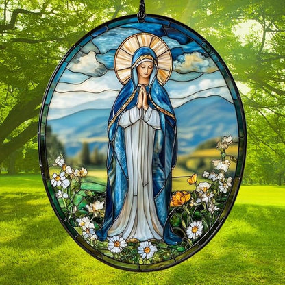 Virgin Mary Acrylic Suncatcher Stained Glass Effect Window Car Hanging Christmas Ornament Indoor Outdoor Decor Garden Sun Catcher Panel for Acrylic Suncatcher Lover for Women Mom Grandma