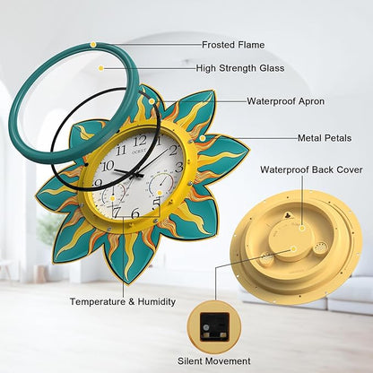 OCEST 24 Inch Outdoor Clock, Waterproof with Thermometer and Hygrometer Combo, Silent No-Ticking Outdoor Wall Clocks, Quartz Clock for Patio Garden Flame Petal