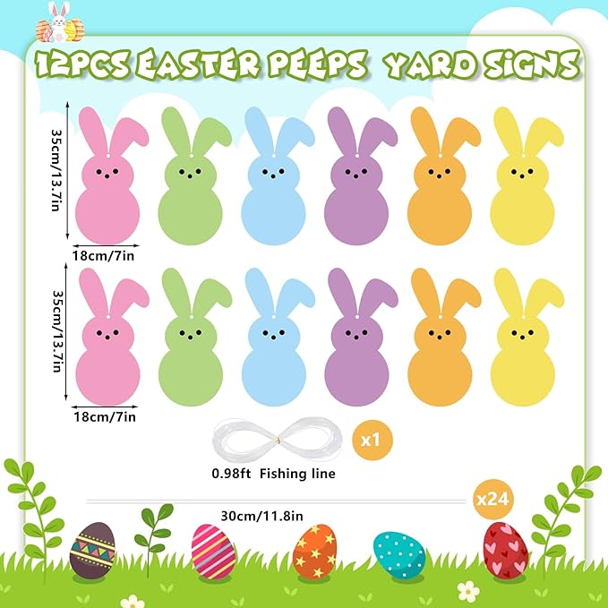 Whaline 12Pcs Easter Bunny Yard Sign with 24Pcs Stakes Fishing Line Colorful Bunny Hanging Ornament Cute Rabbit Lawn Sign for Spring Outdoor Lawn Pathway Walkway Tree Porch Party Garden Decorations