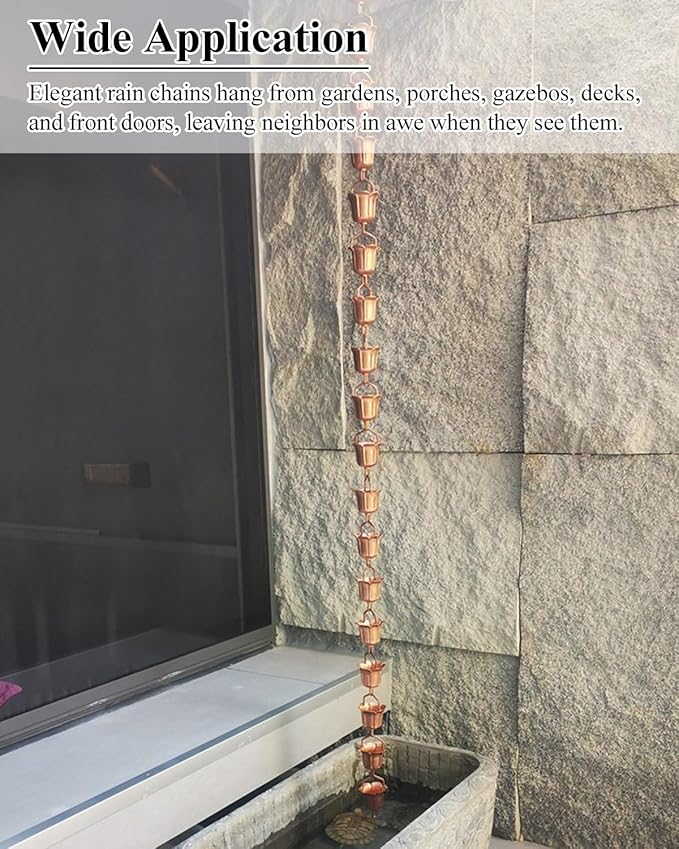 Elegant Copper Rain Chain Large Cup, Replacement Downspout for Gutters, Outside Rainwater Catcher Diverter for Villa/Deck/Pergola (Style D 2.8m (9.2ft))