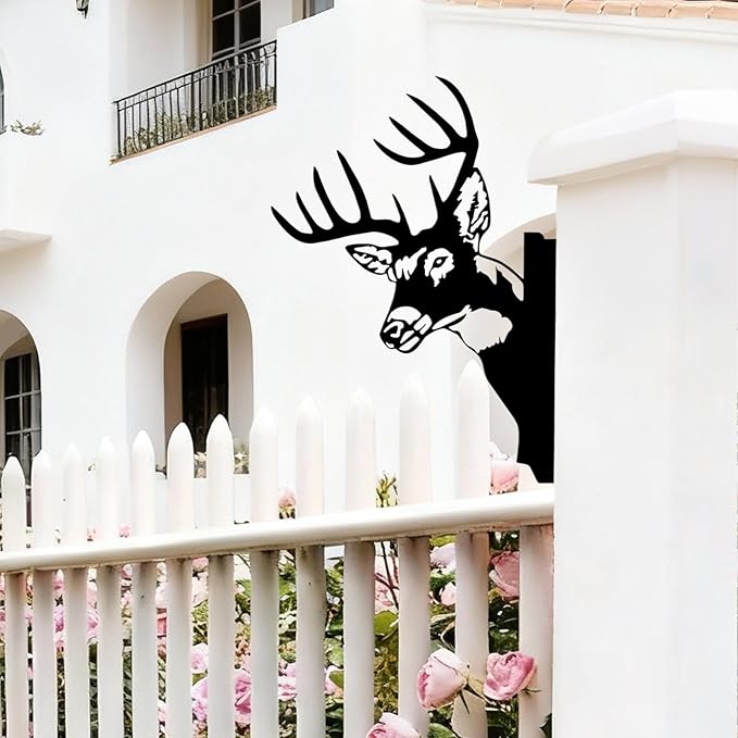 Peeping Metal Deer Decor - Black Deer Yard Art for Outdoor Tree, Fence, or Farmhouse Wall, 11.4" x 9.37" Weatherproof Metal Animal Silhouette (Screws Included)