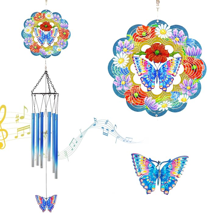 Butterfly Wind Chimes for Outside, 3D Wind Chimes with Wind Spinner, Outdoors Hanging Decor for Garden, Patio and Balcony, Gifts for Men, Women, Mom, Lovers