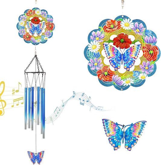 Butterfly Wind Chimes for Outside, 3D Wind Chimes with Wind Spinner, Outdoors Hanging Decor for Garden, Patio and Balcony, Gifts for Men, Women, Mom, Lovers