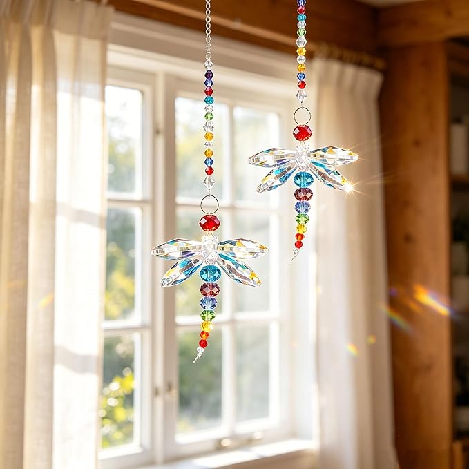 2-Pack Hanging Dragonfly Crystal Suncatcher - Rainbow Beads & Prisms for Home Windows, Christmas Tree & Holiday Decor