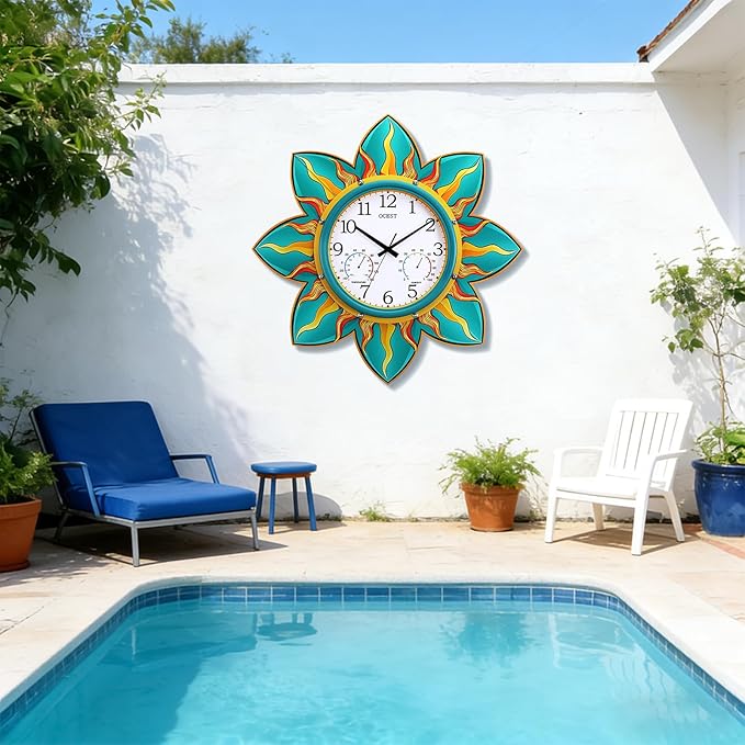 OCEST 24 Inch Outdoor Clock, Waterproof with Thermometer and Hygrometer Combo, Silent No-Ticking Outdoor Wall Clocks, Quartz Clock for Patio Garden Flame Petal