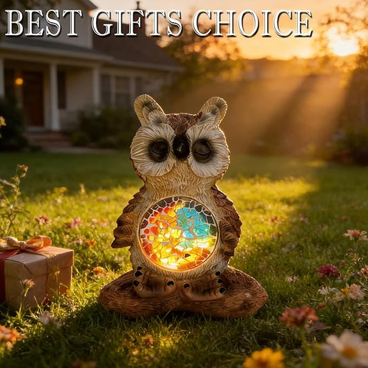 Solar Owl Garden Statues Decor for Outdoor, Brown Yoga Owl Figurine Lights for Lawn Patio Yard Decoration - Unique Christmas Housewarming Gift for Grandma Wowen Mom