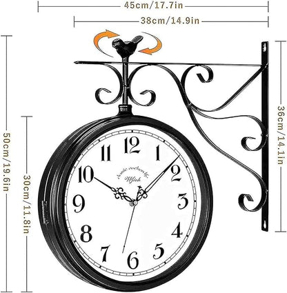American Iron Vintage Train Station Clock Double Sided Wall Clock, Double Sided Metal Clock, European Antique Silent Double Sided Wall Clock for Patio, Garage, Fence, House, Living Room Art Decoration
