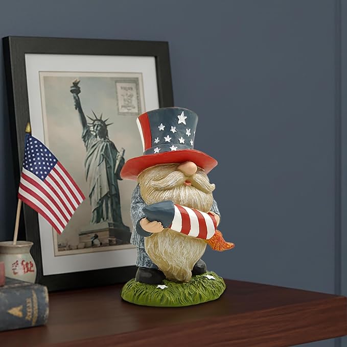 Patriotic Garden Gnome Statue with Firework – Resin Fourth of July Gnome Decoration for Yard, Garden & Home, Independence Day Decor