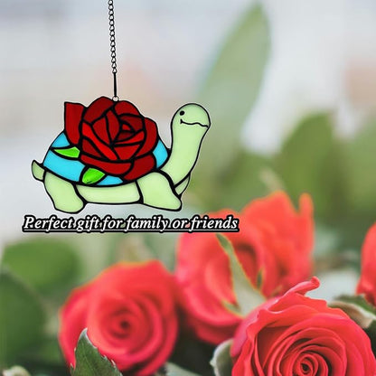 Stained Glass Turtle with Rose Birthday Gifts for Women, Stained Glass Window Hanging Suncatcher Ornament, Housewarming Window Decor Gifts for Mom, Turtle Lovers