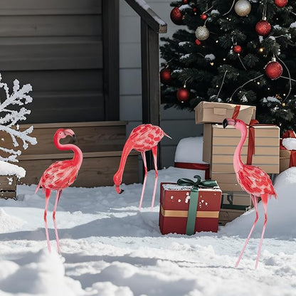 XONOR 3Pcs Flamingo Garden Statues Metal Flamingo Yard Art Outdoor Statues Sculptures for Home Patio Lawn Backyard Décor(Pink&Red)