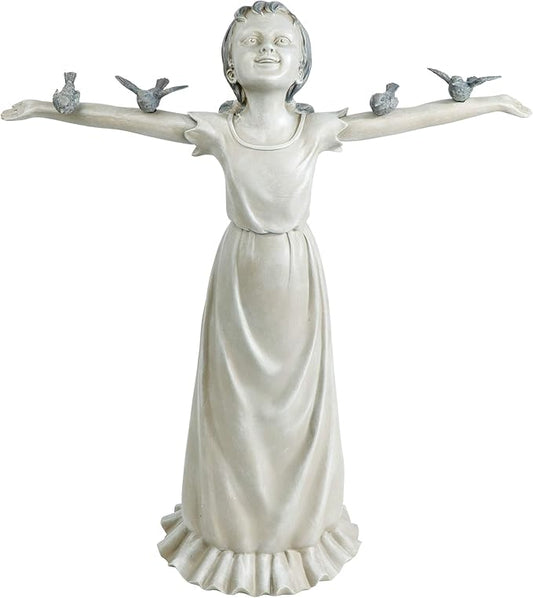 Design Toscano Basking in Glory Little Girl with Birds Outdoor Garden Statue, Large, 29 inches tall, Cast Stone Resin, Two Tone Stone Finish