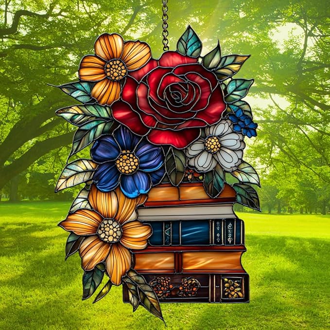 Floral Books Stack Acrylic Suncatcher Stained Glass Effect Window Car Hanging Christmas Ornament Indoor Outdoor Decor Garden Sun Catcher Panel for Book Lover for Women Mom Grandma