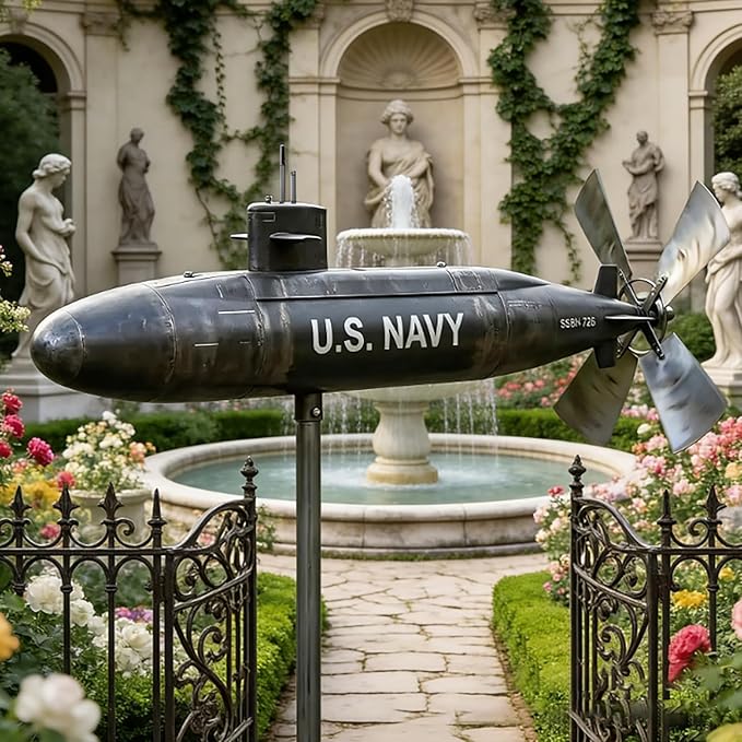 Metal Submarine Wind Spinner, U.S. Navy Style Garden Windmill, 360° Rotating Wind Sculpture for Yard, Patio, Lawn, Outdoor Decor, Veteran Gift