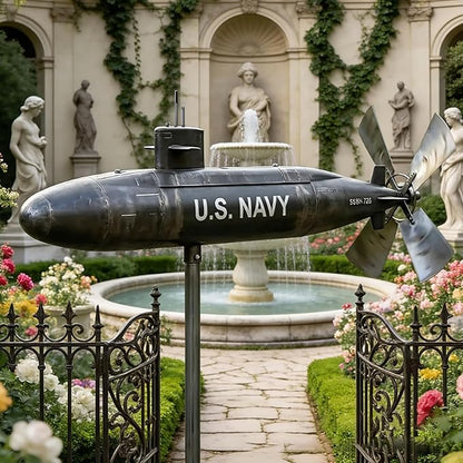 Metal Submarine Wind Spinner, U.S. Navy Style Garden Windmill, 360° Rotating Wind Sculpture for Yard, Patio, Lawn, Outdoor Decor, Veteran Gift