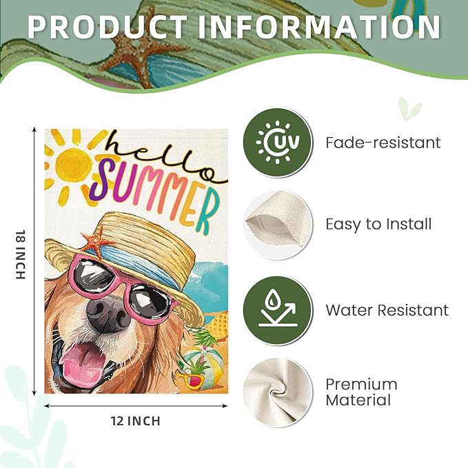 Hello Summer Garden Flags for Outside, Dog with Sunglass Beach Sun Hat Yard Decoration, Small Seasonal Outdoor Decor for Spring Farmhouse Holiday,12x18 Inch Double Sided