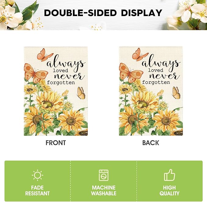 AVOIN colorlife Always Loved Never Forgotten Memorial Garden Flag 12x18 Inch Double Sided Outside, Sunflower Yard Outdoor Decoration