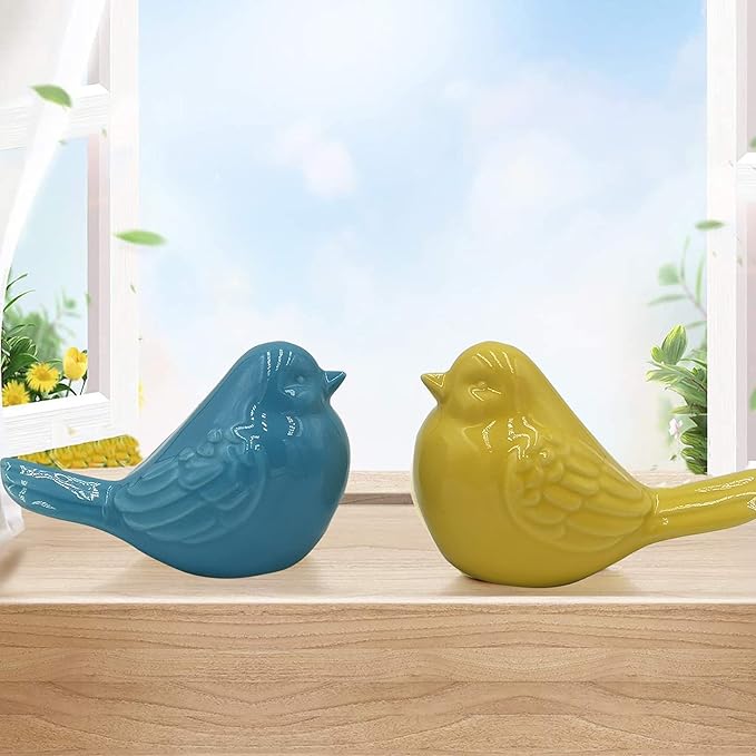 yhcdsea Decorative Chubby Bird Figure, Glazed Ceramic Cottage Animal Statue - Indoor/Outdoor Garden Decor Accent - Creative Gift (Blue Yellow)