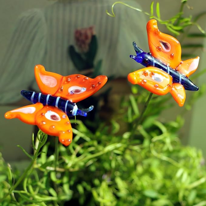 Crystal Insect Glass Outdoor Decorative Garden Stakes Hand-Blown Artificial Flower Potted Succulent Plant Ornaments 2PCS Butterfly Decor