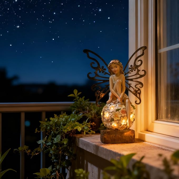 Suyorpe Flower Fairy Garden Decor,Garden Fairy Statues Outdoor,Solar Powered Outdoor Fairy Figurine Accessories,Patio Lawn Yard Porch, Resin Ornaments for Outside Gifts,9.45 Inches Tall
