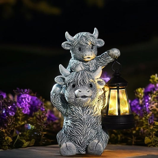 Solar Highland Cow Garden Decor - Resin Cow Statue with Solar Lantern Outdoor Yard Patio Decor - Ideal Gifts for Women,Mom Men (Grey)