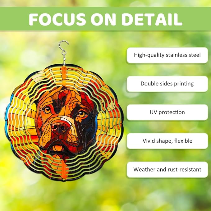 Spinner Windchime Pitbull Dog Portrait and Sunset 3D Metal Sculpture Wind Spinner Hanging for Outdoor Garden Patio Yard Decoration 10x10inch-4