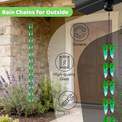 dreamysoul Rain Chains for Outside, 7.87FT Adjustable Green Glass Leaf Rain Chain, Rain Catcher Chains for Gutters Downspout, Eaves, Drainage