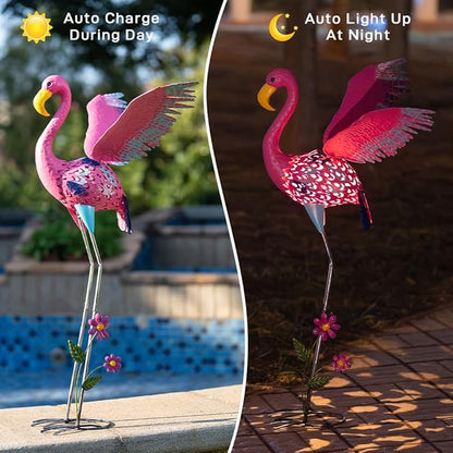 42" Metal Flamingo Outdoor Statues,Garden Sculptures with Solar Light, Pink Flamingo Lawn Ornaments & Outdoor Decor for Patio, Backyard, Garden