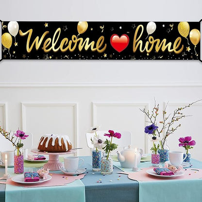Welcome Home Banner Decoration, Black Gold Welcome Back Home Yard Sign for Outdoor Decor, Military Homecoming Deployment Returning Party Supplies