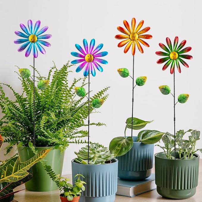DREAMYSOUL 4 Packs Metal Flowers Wind Spinners Outdoor, Pinwheel Decorative Garden Stakes, Metal Small Wind Spinner for Yard and Garden Decor