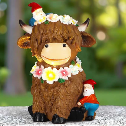 Solar Highland Cow Garden Decor 6.6” Outdoor Statue Resin with Flower Decoration Funny Two Christmas Gnomes Decor,Birthday Gifts for Women Mom Highland Cow Figurine for Yard Patio Lawn Ornaments