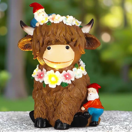 Solar Highland Cow Garden Decor 6.6” Outdoor Statue Resin with Flower Decoration Funny Two Christmas Gnomes Decor,Birthday Gifts for Women Mom Highland Cow Figurine for Yard Patio Lawn Ornaments