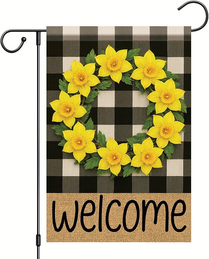 Buffalo Plaid Welcome Wreath Garden Flag Yellow Daffodil Flower Flag 12×18 Inch Double Sided Spring Outdoor Decor Welcome for Porch Patio Lawn Yard Farmhouse Seasonal Outside