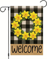 Buffalo Plaid Welcome Wreath Garden Flag Yellow Daffodil Flower Flag 12×18 Inch Double Sided Spring Outdoor Decor Welcome for Porch Patio Lawn Yard Farmhouse Seasonal Outside