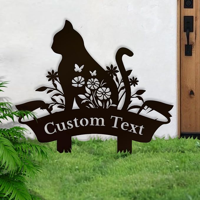 Personalized Metal Custom Garden Sculptures Statues, Yard Art,Shed, Flowerbed Decoration, Outdoor Decor, Animal Stake Pack, Cat Kitty Rabbit Bunny Dog Puppy Flower Metal Signs (Cat B)