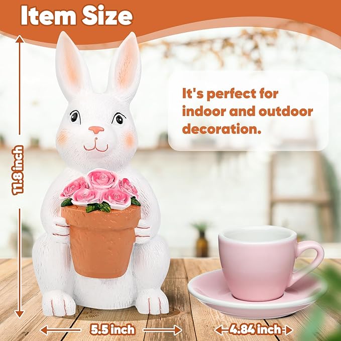 Brightever Solar Powered Outdoor Garden Statues- Rabbit with Flowers and 5 Colorful LED Lights, 11.8IN Outdoor Figurine Lights, Solar Garden Bunny Statue for Mom, Women, Female