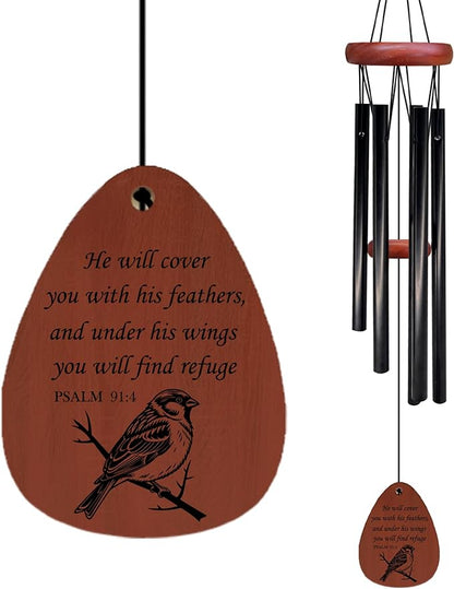 Christian Gifts Bird Wind Chimes, Bird Gifts Wind Chimes, Christian Faith Based Religious Gift for Women, He Will Cover You with His Feathers Bible Verse WindChimes for Outside 26" Inches