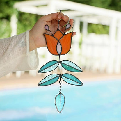 Coral Tulip Stained Glass Suncatcher, Folk Flower Stained Glass Window Hanging Sun Catcher, Retro Funky Home Decor, Handmade Coastal Ornaments, 9.4" x 4.7"