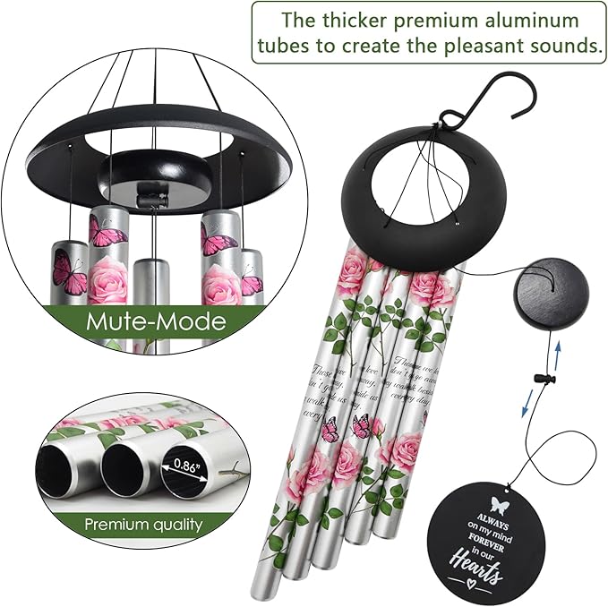 Memorial Wind Chimes for Loss of Loved One - Pink Rose Wind Chimes for Outside, Sympathy Gifts for Remembrance of Mother and Father,Windchimes in Memory of Loved One