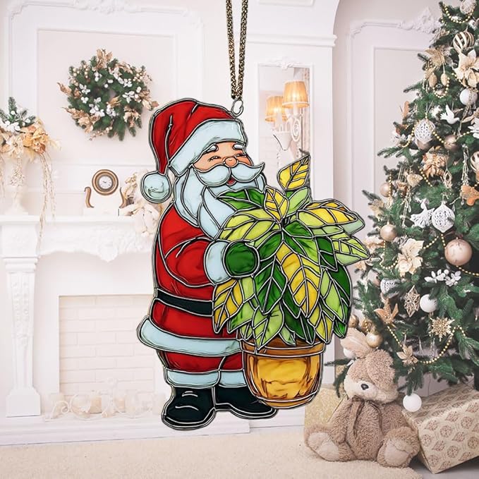 Happy Santa Holding Plant Pot Acrylic Suncatcher Stained Glass Effect Window Car Hanging Christmas Ornament Indoor Outdoor Decor Garden Sun Catcher Panel for Women Mom Grandma