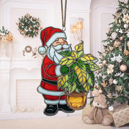 Happy Santa Holding Plant Pot Acrylic Suncatcher Stained Glass Effect Window Car Hanging Christmas Ornament Indoor Outdoor Decor Garden Sun Catcher Panel for Women Mom Grandma