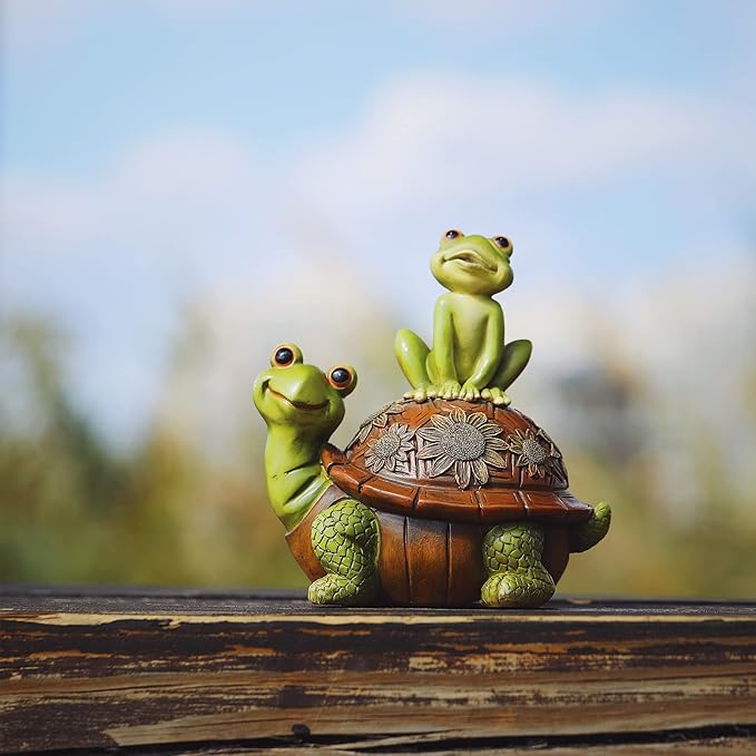 Resin Frog and Tortoise Garden Statue, Green Frog Tortoise Figure for Outdoor Decor Yard and Garden Decoration Resin Sculpture (Frog and Tortoise)